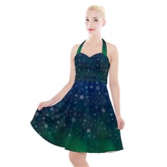 Background Blue Green Stars Night Halter Party Swing Dress  by HermanTelo