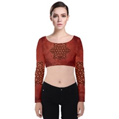 Elegant Decorative Celtic Knot Velvet Long Sleeve Crop Top by FantasyWorld7