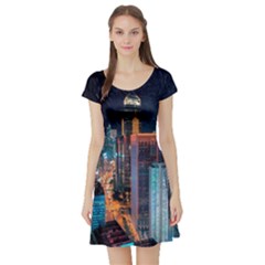 High Rise Buildings With Lights Short Sleeve Skater Dress