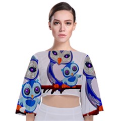Owl Mother Owl Baby Owl Nature Tie Back Butterfly Sleeve Chiffon Top by Sudhe