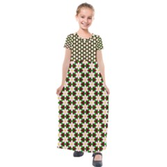 Pattern Flowers White Green Kids  Short Sleeve Maxi Dress by HermanTelo