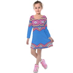 Shapes On A Blue Background                  Kids  Long Sleeve Velvet Dress by LalyLauraFLM