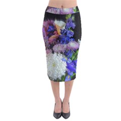 Blue White Purple Mixed Flowers Midi Pencil Skirt by bloomingvinedesign