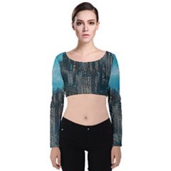 Cityscape Buildings Skyscraper Velvet Long Sleeve Crop Top by Wegoenart