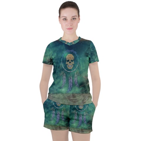 Dreamcatcher With Skull Women s Tee And Shorts Set by FantasyWorld7