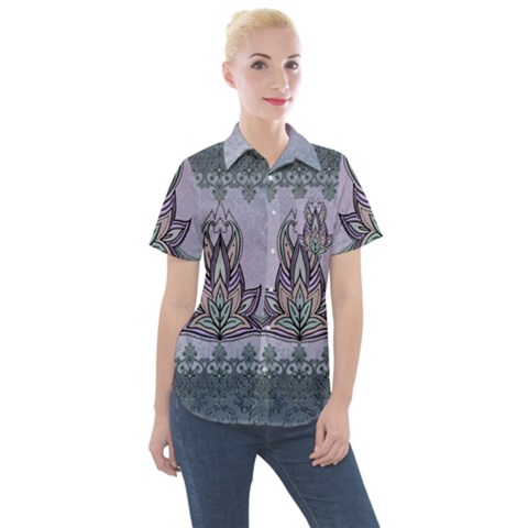 Abstract Decorative Floral Design, Mandala Women s Short Sleeve Pocket Shirt by FantasyWorld7