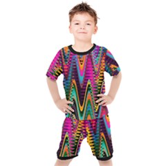 Multicolored Wave Distortion Zigzag Chevrons 2 Background Color Solid Black Kids  Tee And Shorts Set by EDDArt