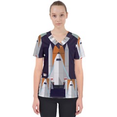 Rocket Space Universe Spaceship Women s V-neck Scrub Top by Pakrebo