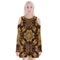 Gold Black Book Cover Ornate Velvet Long Sleeve Shoulder Cutout Dress by Pakrebo