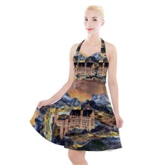 Castle Fantasy Landscape Stormy Halter Party Swing Dress  by Pakrebo