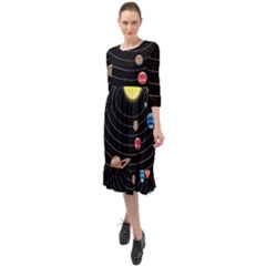 Solar System Planets Sun Space Ruffle End Midi Chiffon Dress by Pakrebo