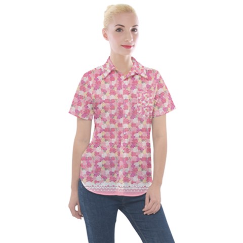 Peony Pattern Pink Scrapbooking Women s Short Sleeve Pocket Shirt by Pakrebo