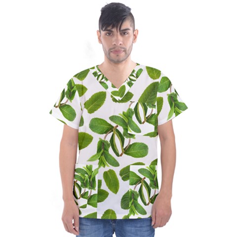 Mint Seamless Pattern Leaf Green Men s V-neck Scrub Top by Pakrebo