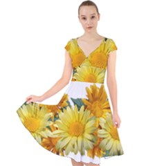Daisies Flowers Yellow Arrangement Cap Sleeve Front Wrap Midi Dress by Pakrebo