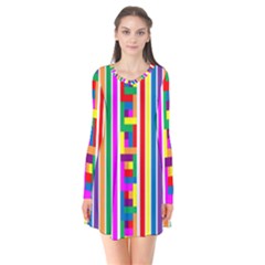 Rainbow Geometric Spectrum Long Sleeve V-neck Flare Dress