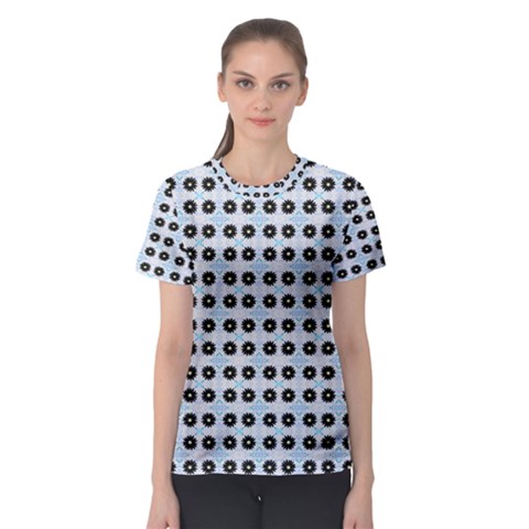 Black Flower On Blue White Pattern Women s Sport Mesh Tee by BrightVibesDesign