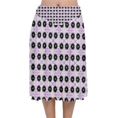 Black Flower On Pink White Pattern Velvet Flared Midi Skirt by BrightVibesDesign