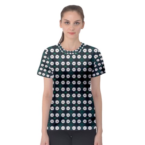 White Flower Pattern On Green Black Women s Sport Mesh Tee by BrightVibesDesign