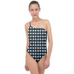 White Flower Pattern On Green Black Classic One Shoulder Swimsuit by BrightVibesDesign