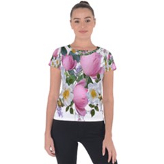 Flowers Roses Pink White Blooms Short Sleeve Sports Top  by Simbadda