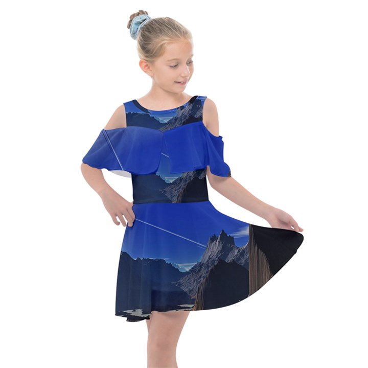 Saturn Landscape Mountains Kids  Shoulder Cutout Chiffon Dress