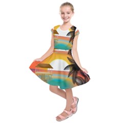 Sunset Beach Beach Palm Ocean Kids  Short Sleeve Dress by Simbadda