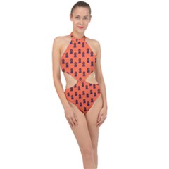 Nerdy 60s  Girl Pattern Orange Halter Side Cut Swimsuit by snowwhitegirl