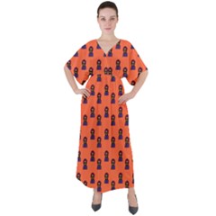 Nerdy 60s  Girl Pattern Orange V-neck Boho Style Maxi Dress by snowwhitegirl