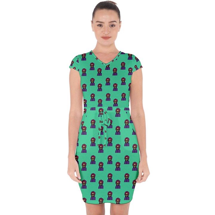 Nerdy 60s  Girl Pattern Seafoam Green Capsleeve Drawstring Dress 