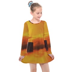 City Sun Clouds Smog Sky Yellow Kids  Long Sleeve Dress by Simbadda