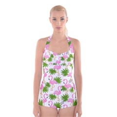 Seamless Pattern With Cute Flamingos Boyleg Halter Swimsuit  by Vaneshart