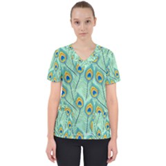 Lovely Peacock Feather Pattern With Flat Design Women s V-neck Scrub Top by Vaneshart