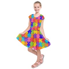 Rainbow Jigsaw Puzzle Kids  Short Sleeve Dress by retrotoomoderndesigns