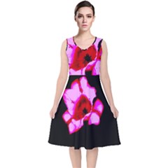 Pink And Red Tulip V-neck Midi Sleeveless Dress  by okhismakingart