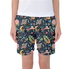 Texture Patterns Aliens Rockets Space Women s Basketball Shorts by Vaneshart