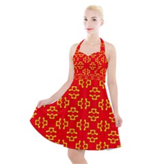 Red Background Yellow Shapes Halter Party Swing Dress  by Simbadda