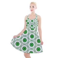 White Background Green Shapes Halter Party Swing Dress  by Simbadda