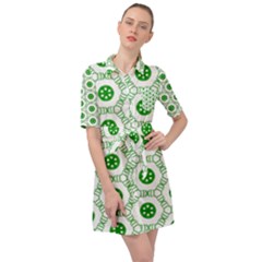 White Background Green Shapes Belted Shirt Dress by Simbadda