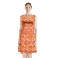  Pattern Abstract Orange Sleeveless Waist Tie Chiffon Dress by Simbadda