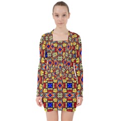 Stained Glass Pattern Texture V-neck Bodycon Long Sleeve Dress by Simbadda