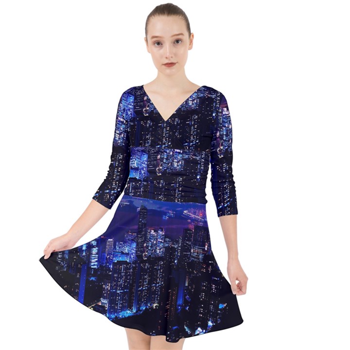 Night City Dark Quarter Sleeve Front Wrap Dress