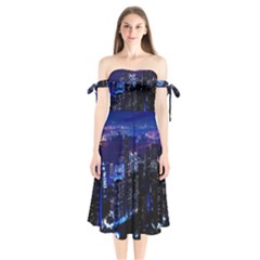 Night City Dark Shoulder Tie Bardot Midi Dress by Vaneshart