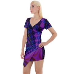 Background Silky Geometric Fractal Short Sleeve Asymmetric Mini Dress by Wegoenart