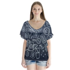 Internet Planets Drinks Computers V-neck Flutter Sleeve Top by Wegoenart