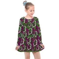 Green Fauna And Leaves In So Decorative Style Kids  Long Sleeve Dress by pepitasart