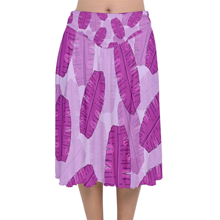 Exotic Tropical Leafs Watercolor Pattern Velvet Flared Midi Skirt