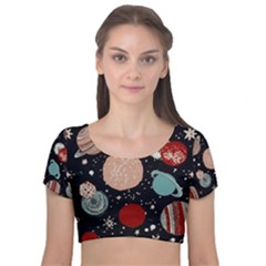 Space Galaxy Pattern Velvet Short Sleeve Crop Top  by Vaneshart