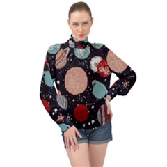 Space Galaxy Pattern High Neck Long Sleeve Chiffon Top by Vaneshart