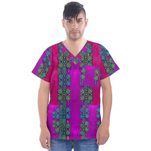 Flowers In A Rainbow Liana Forest Festive Men s V-neck Scrub Top by pepitasart