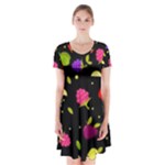 Vector Seamless Summer Fruits Pattern Colorful Cartoon Background Short Sleeve V-neck Flare Dress